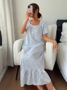 Napfluff 藍色條紋愛心印花荷葉邊中長寬鬆短袖女睡裙 - 藍色 - 查看 3