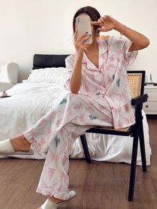 Napfluff Sweet Christmas Tree & Bow Print Ruffle Collar Short Sleeve Loungewear Set - Pink - View 1