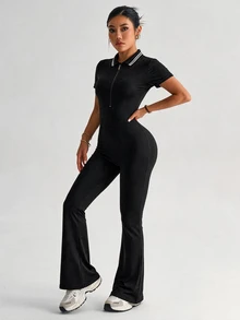 Dewbera Dewbera Women's Patchwork Striped Zipper Half-Placket Short Sleeve Sport Flare Leg Jumpsuit - Black - View 5