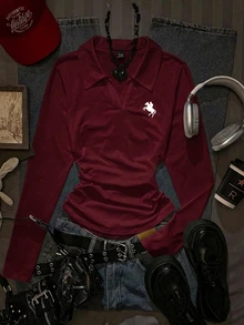 Attitoon Women's Casual Fashion Equestrian Print Collared Long Sleeve T-Shirt With Horse Racing Graphic - Burgundy - View 1