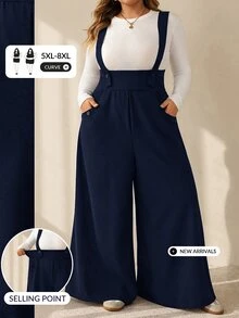 SHEIN CURVE+ جمبسوت نسائي مقاس كبير بلون موحد مع جيوب وتفاصيل مطوية، كاجوال للاستخدام اليومي، بساق واسعة، للخريف - أزرق بحري - مشاهدة 8