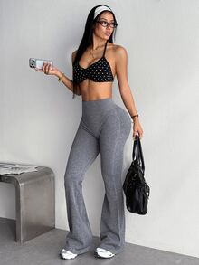 Dewbera Dewbera 1pc Regular Flare Leggings / Butt Lifting Design / Basic Style / Sports Flare Leggings / Fitness / Yoga Seamless - Grey - View 6