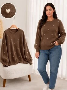CosyJoli Plus Size Elegant French Style Vacation Commute Romantic Date Casual Premium Minimalist Pink Heart Embroidery Knit Pullover Sweater For Fall/Winter - Coffee Brown - View 1