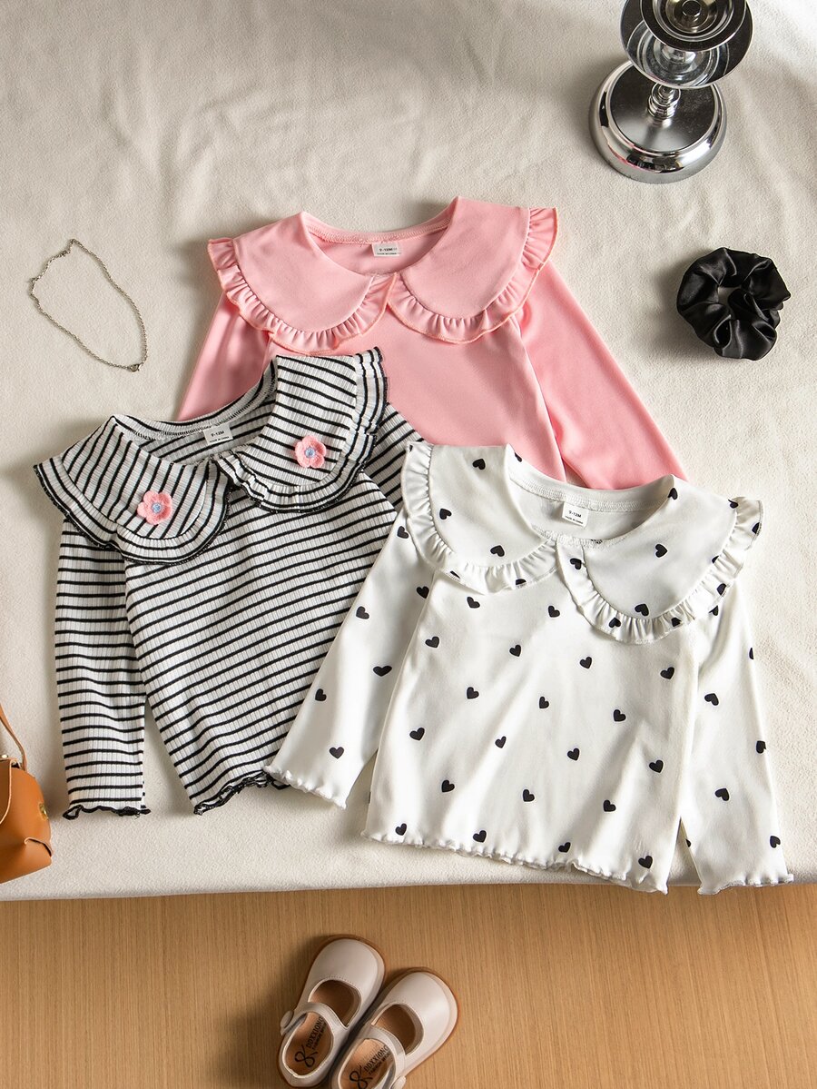 SHEIN 3件組女嬰甜美可愛彼得潘領條紋長袖T恤愛心印花內搭衫咖啡色上衣組合秋季內著簡約日常穿搭 - 彩色 - 查看 1