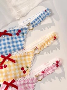 PetitDoll مجموعة 3 قطع من سراويل داخلية نسائية بتصميم فيونكة وطبعة كرز مربعات - متعدد الألوان - مشاهدة 4
