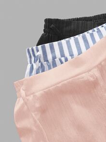 SHEIN Essnce 3件組黑色與粉色紋理布料搭配天藍色與白色粗條紋航海風度假風女款休閒腰綁帶口袋直筒長褲套裝，適合夏季度假 - 彩色 - 查看 3