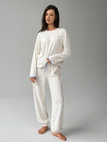 DAZY Women's Ditsy Floral Long Sleeve Top And Drawstring Waist Long Pants Pajama Set - White - View 8