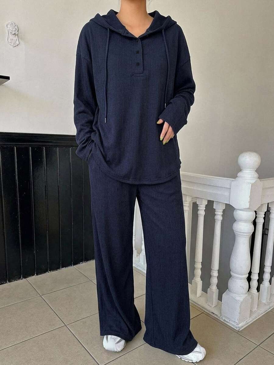 DAZY 女款純色長袖連帽衫與長褲休閒兩件套 - 藏蓝色 - 查看 1