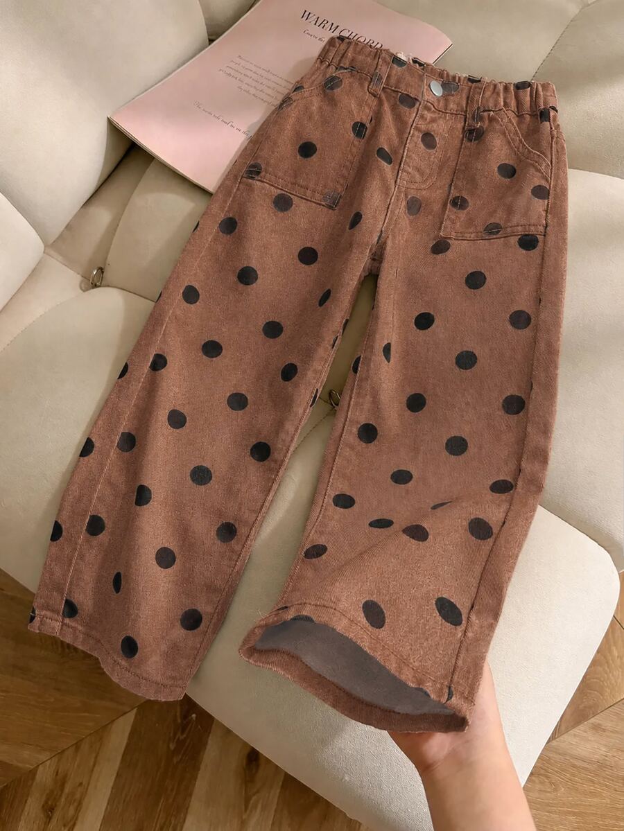 SHEIN 女童乳白色圓點寬腿褲,寬鬆直筒腿,時尚百搭休閒 100% 純棉牛仔褲,修身顯瘦,日常上學出遊度假風格必備,韓系女童圓點 Ins 風 - 棕色 - 查看 1