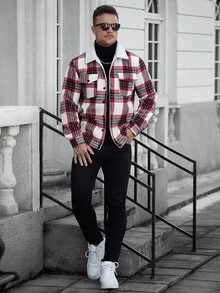Manfinity CasualCool 男士格紋長袖單排扣休閒工裝口袋夾克，秋冬法蘭絨外套，送給男友與丈夫的完美節日禮物 - 彩色 - 查看 3