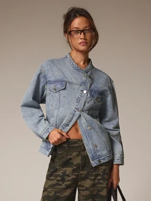 Athîral Denim Women's Casual Street Style Asymmetric Button Collar Denim Jacket, Autumn/Winter, Streetwear - Blue - View 1
