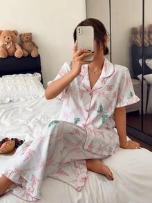 Napfluff Sweet Christmas Tree & Bow Print Ruffle Collar Short Sleeve Loungewear Set - Pink - View 4