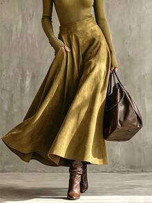 Glimmora Autumn/Winter Plus Size Women's Vintage Fashion Plus Size Flare Solid Color Pocket Skirt Fall - Olive Green - View 3