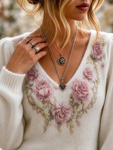 Linavere Women's Romantic Floral Print Long Sleeve Sweater - White - View 4