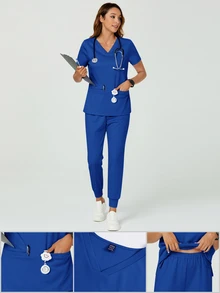TaskEZ 女款護理師刷手服夏季藍色護理師制服兩件套 2口袋短袖上衣 鬆緊腰帶抽繩修身慢跑休閒長褲 - 寶藍色 - 查看 10