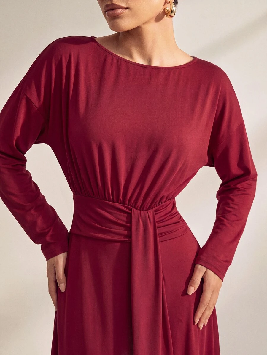 Uhlyne Uhlyne Elegant Asymmetric Hem Slit Party Midi Dress For Women, Autumn/Winter - Burgundy - View 1