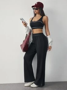 SHEIN Dewbera Casual Versatile Black High-Elastic Webbing Side Slit Design Comfortable Slimming Sports Long Pants - Black - View 6