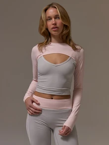 Musera Sport Double Layered Contrast Piping Scoop Front Long Sleeve Coord Top Cute Girly Autumn Winter Fall Gym Holiday Dainty Ice - Pink - View 1