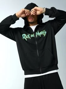 Rick and Morty X SHEIN Men's Letter Pattern Zip-Up Hoodie And Sweatpants Casual Daily Set - Black - View 7