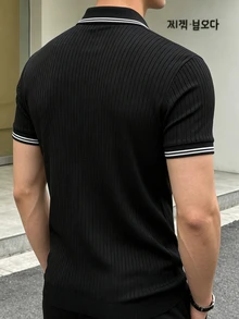 JOLTRO 男士條紋短袖休閒通勤 Polo 衫 - 黑色 - 查看 2