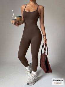 SHEIN Dewbera Athletic Tight Sleeveless Jumpsuit - Brown - View 4