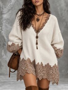LUMIGAL Women's Contrast Lace V-Neck Drop Shoulder Long Sleeve Loose Knit Dress - Apricot - View 5