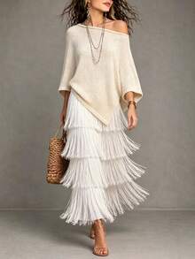 Ceyna Plus Size Women Solid Khaki Cape Shawl Sweater Casual Versatile Daily Knit Top Suitable For Spring Summer Autumn - Khaki - View 3