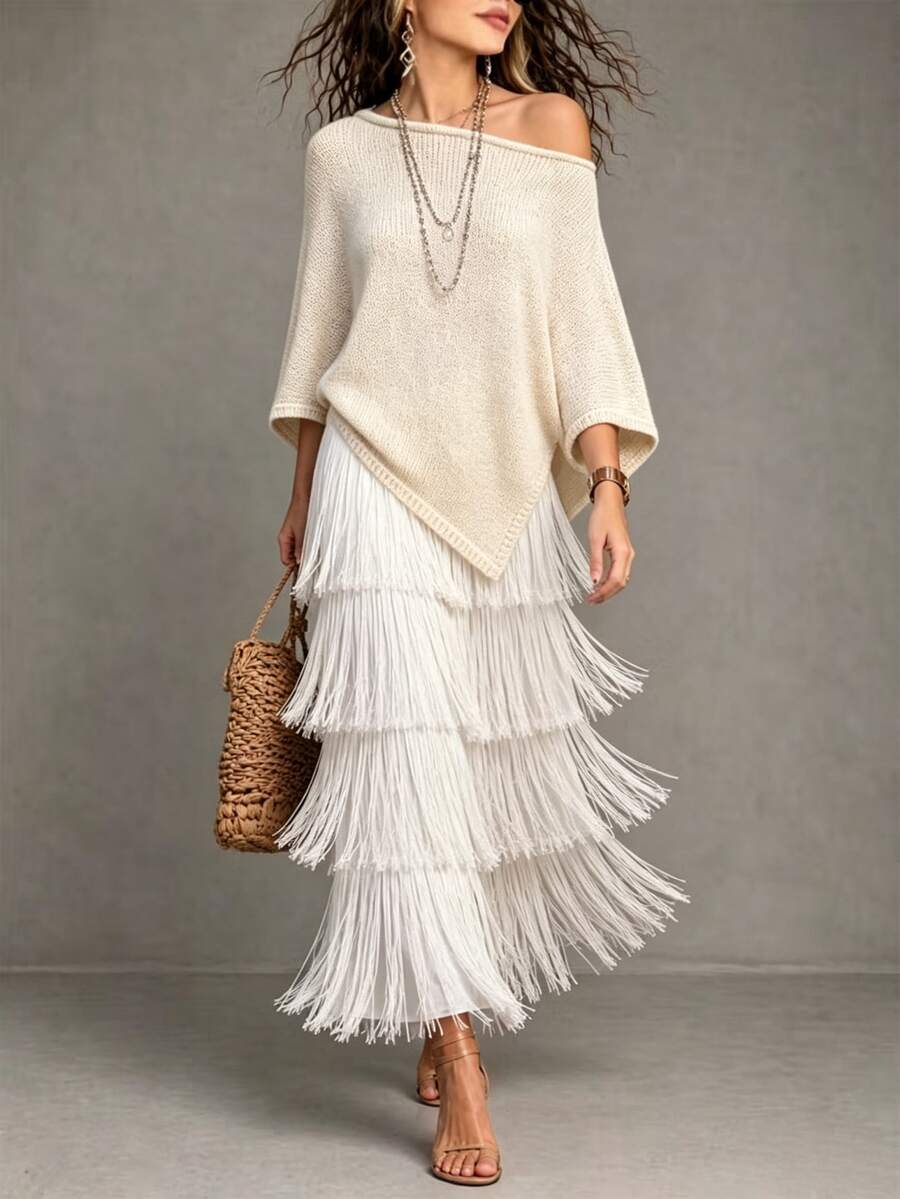 Ceyna Plus Size Women Solid Khaki Cape Shawl Sweater Casual Versatile Daily Knit Top Suitable For Spring Summer Autumn - Khaki - View 1