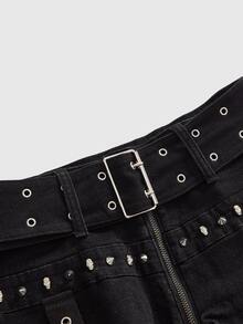 ROMWE Grunge Punk Music Festival Punk Metal Skull Rivet Ultra Low Waist High Stretch Skinny Plus Size Denim Shorts - Black - View 3