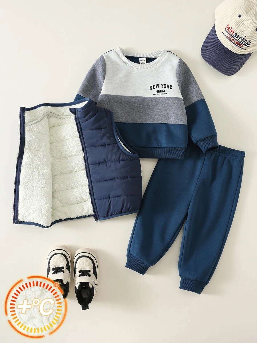 SHEIN 男嬰/幼兒 3件組秋冬保暖內裡加厚休閒可愛拼色拼接衛衣套裝,保暖內裡背心填充外套,嬰兒冬季套裝,刷毛加厚 - 藏蓝色 - 查看 1