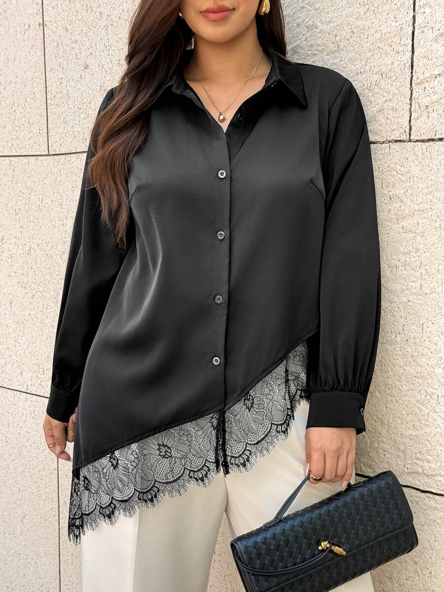 Easura Plus Size Women's Lace Patchwork Casual Daily Wear Blouse - Black - View 1