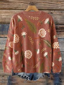 Plus Size Women's Digital Print Casual Crew Neck Pullover Sweater, Autumn/Winter - Multicolor - View 2