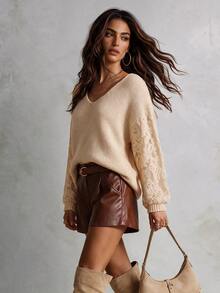 Solivie Women's Autumn/Winter V-Neck Long Sleeve Apricot Color Contrast Lace Sweater Top - Apricot - View 5