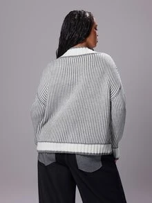 Rustia Plus Size Women's Loose V-Neck Colorblock Long Sleeve Pullover Sweater, Suitable For Daily Wear And Travel Winter - Multicolor - View 3