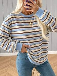 SHEIN EZwear 女款休閒圓領條紋衛衣，秋冬女裝 - 彩色 - 查看 7