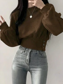 INAWLY Women's Solid Color Casual Versatile Daily Wear Long Sleeve Sweatshirt - Rust Brown - View 4