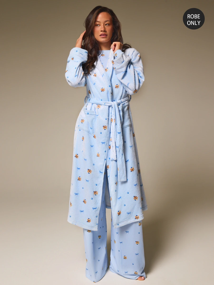 Athîral Women's Soft Flannel Dessert Print Long Sleeve Light Blue Casual Cute Home Sleepwear Robe For Autumn,Home, Sleep, Christmas ,Lounge - Blue - View 1