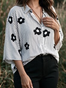 Linhara CURVE Plus Size Women's Autumn Casual Shirt With Lapel Collar, Raglan Sleeves, Striped Floral Print, For Daily Wear And Vacation - Black and White - View 6