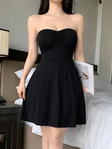 DAZY Women's Sleeveless Bandeau Waist-Cinched Short One-Piece Nightgown - Black - View 5