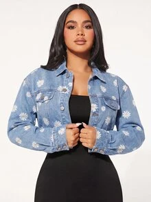 SHEIN SXY 女款雛菊圖案單排扣長袖休閒牛仔夾克 - 淺色水洗藍 - 查看 5