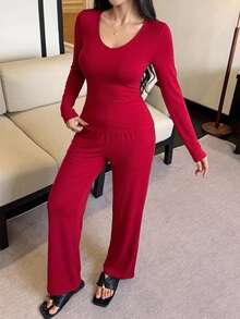 DAZY 2pcs/Set Women's Solid Color Slim Fit V-Neck Long Sleeve T-Shirt & Straight Leg Long Pajama Pants Sleepwear Set - Red - View 6