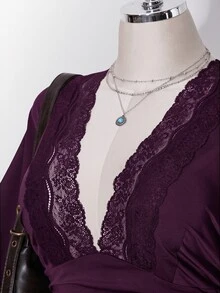 SHEIN ICON 女款大尺碼復古性感千禧風Y2K簡約休閒優雅通勤都市現代蕾絲P約會之夜黑色夏季 - 紫紅色 - 查看 5