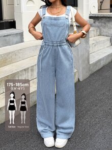 SHEIN Tall Tall Women's Fashion Cargo Pocket Washed Denim Overalls - Light Wash - View 1