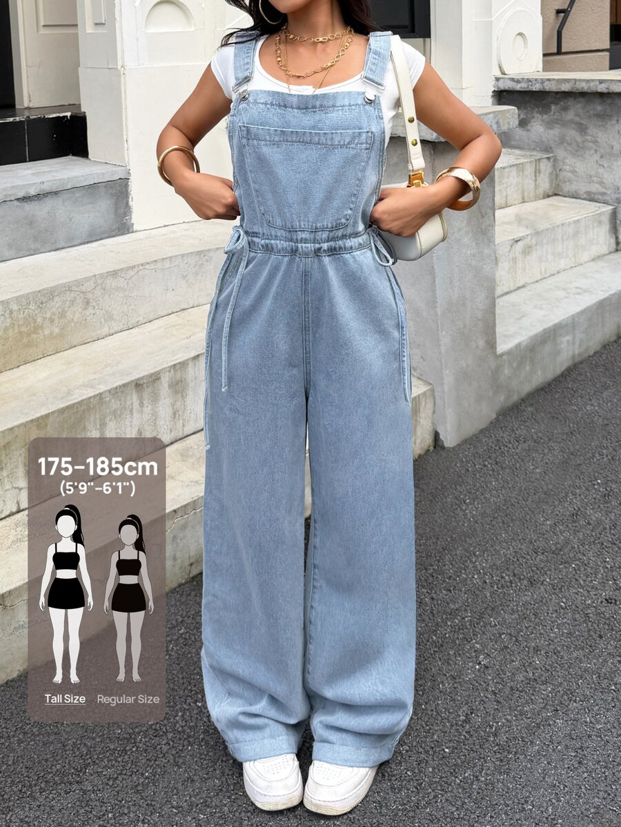 SHEIN Tall Tall Women's Fashion Cargo Pocket Washed Denim Overalls - Light Wash - View 1