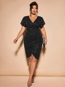 Cravure Plus Size Women's Fitted Ruched Bodycon Dress With Ruffle Short Sleeves And Glitter Christmas - Black - View 7