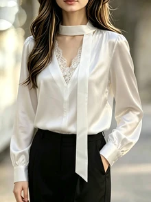 Cévolie Women's Solid Color Choker V-Neck Contrast Lace Long Sleeve Elegant Blouse Office Off White Fall - White - View 5