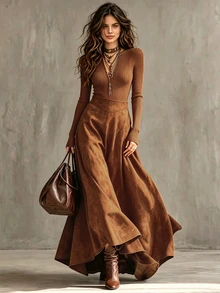Glimmora Autumn/Winter Plus Size Women's Vintage Fashion Plus Size Flare Solid Color Pocket Skirt Fall - Burnt Orange - View 4