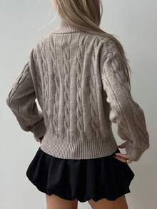 Livesso Tall Women's Knitted Cable Knit Casual Loose Sweater - Khaki - View 2