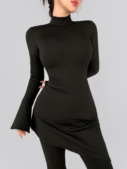 DAZY Women's Solid Color High Neck Bell Sleeve Casual Fitness Sports T-Shirt