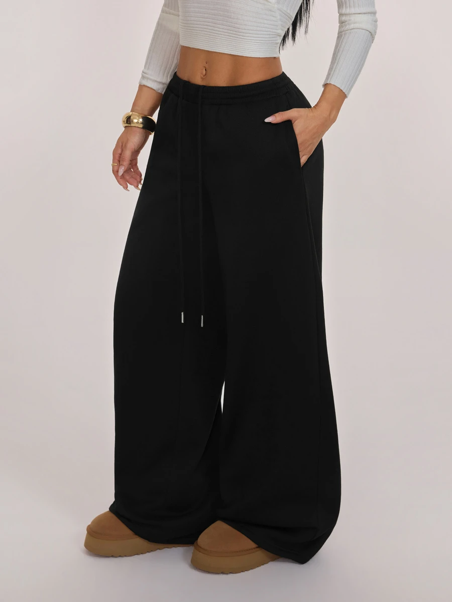SHEIN PETITE Women's Solid Color Casual Versatile Daily Wear Sweatpants - Black - View 1